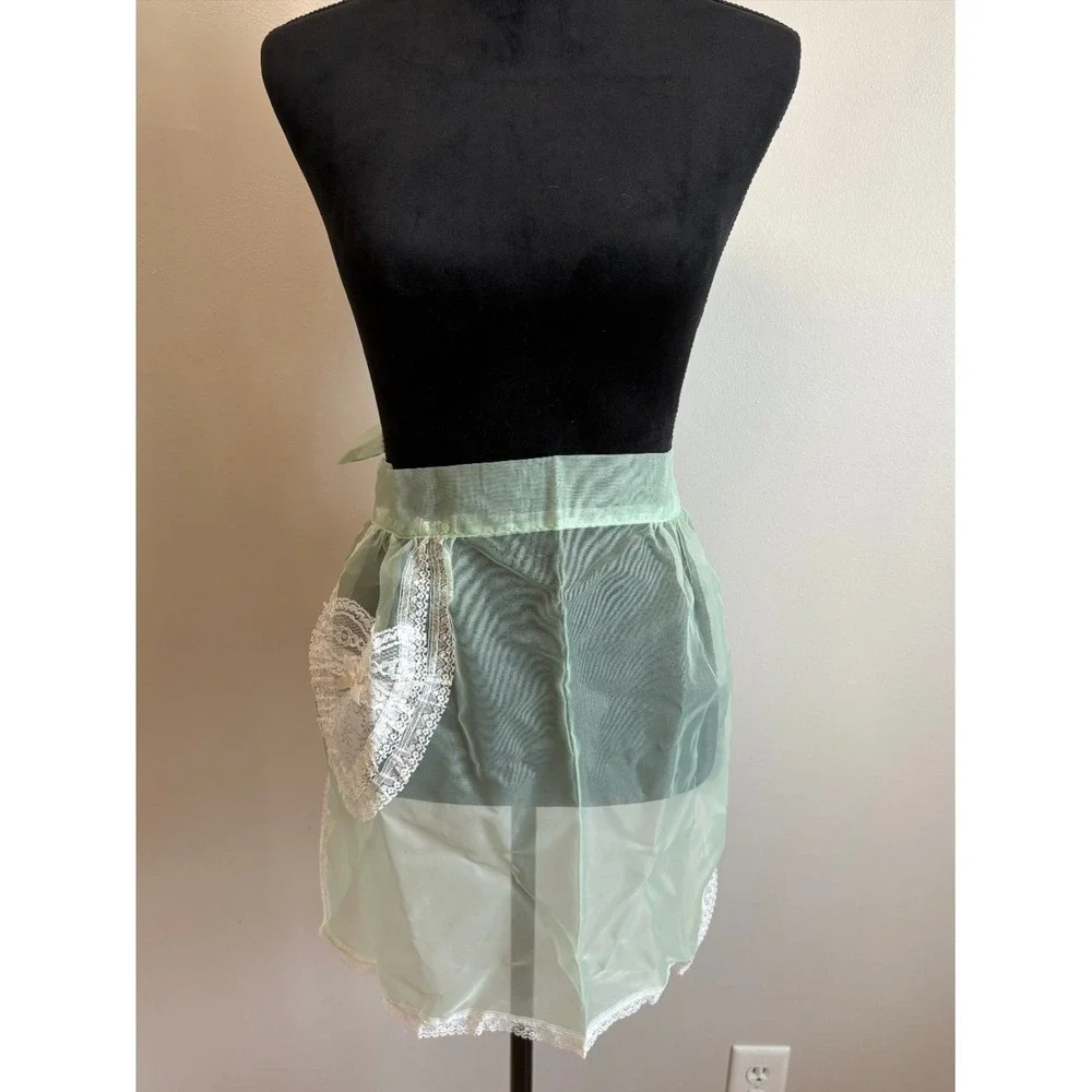 Vintage Sheer Mint Green Organza‎ Half Apron Heart Lace Pocket White Trim Retro
